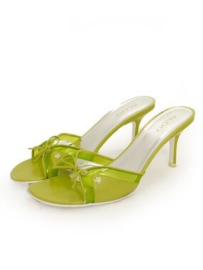 Vintage 00s 90s Y2K Lime Green Mules Star Charm Bow Peep Toe Kitten Heel Shoes